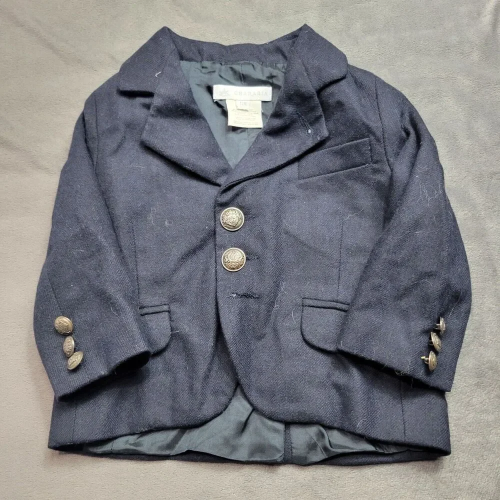 Charabia Navy Baby Boy Blazer 12M Wool Blend Two-Button Front With Decorative...